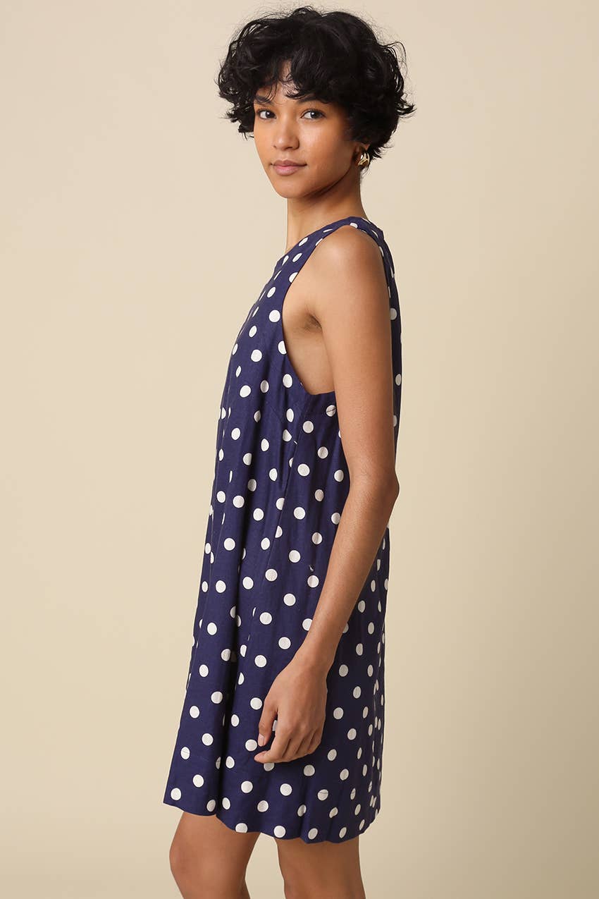 navy polka dot dress
sleeveless mini dress
linen blend dress
navy summer dress
polka dot shift dress
classic summer dress
linen rayon dress
women's sleeveless dress
fourth of july outfit
americana 
patriotic
vintage inspired dress
casual summer outfit
navy and white polka dot dress
lightweight summer dress
boutique women's clothing
timeless mini dress
vacation dress women
classic americana style
everyday summer dress
round neck mini dress
coastal summer outfit
women's linen blend dress