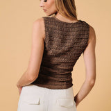 women's brown ruched top, chocolate brown fitted top, brown sleeveless top, ruched sleeveless top, boat neck top women, brown boat neck top, fitted fall top, textured brown top, women's fall going out top, brown going out top, fall layering top women, western fall outfit women, chocolate brown women's clothing, brown tank top women, fitted sleeveless shirt, women's boutique tops, fall boutique clothing, east tennessee boutique, west of may boutique