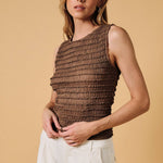 women's brown ruched top, chocolate brown fitted top, brown sleeveless top, ruched sleeveless top, boat neck top women, brown boat neck top, fitted fall top, textured brown top, women's fall going out top, brown going out top, fall layering top women, western fall outfit women, chocolate brown women's clothing, brown tank top women, fitted sleeveless shirt, women's boutique tops, fall boutique clothing, east tennessee boutique, west of may boutique
