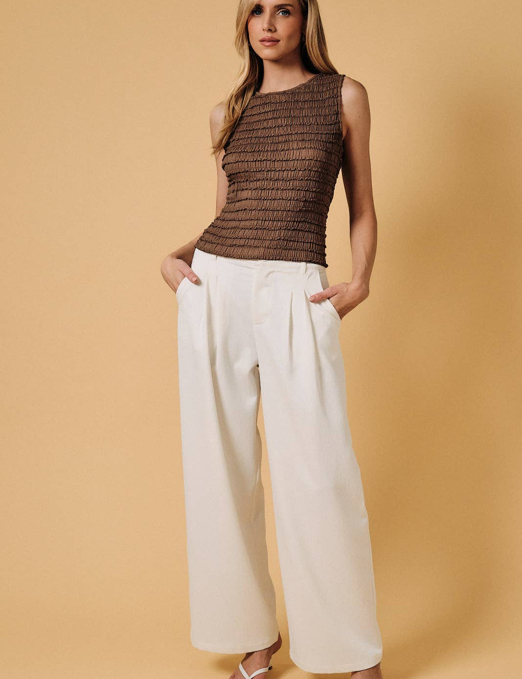 women's brown ruched top, chocolate brown fitted top, brown sleeveless top, ruched sleeveless top, boat neck top women, brown boat neck top, fitted fall top, textured brown top, women's fall going out top, brown going out top, fall layering top women, western fall outfit women, chocolate brown women's clothing, brown tank top women, fitted sleeveless shirt, women's boutique tops, fall boutique clothing, east tennessee boutique, west of may boutique