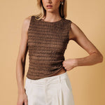 women's brown ruched top, chocolate brown fitted top, brown sleeveless top, ruched sleeveless top, boat neck top women, brown boat neck top, fitted fall top, textured brown top, women's fall going out top, brown going out top, fall layering top women, western fall outfit women, chocolate brown women's clothing, brown tank top women, fitted sleeveless shirt, women's boutique tops, fall boutique clothing, east tennessee boutique, west of may boutique
