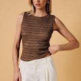 women's brown ruched top, chocolate brown fitted top, brown sleeveless top, ruched sleeveless top, boat neck top women, brown boat neck top, fitted fall top, textured brown top, women's fall going out top, brown going out top, fall layering top women, western fall outfit women, chocolate brown women's clothing, brown tank top women, fitted sleeveless shirt, women's boutique tops, fall boutique clothing, east tennessee boutique, west of may boutique