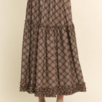 brown plaid midi skirt, brown check skirt, ruffle midi skirt, tiered midi skirt, plus size midi skirt, size inclusive skirt, fall midi skirt, western skirt, prairie skirt, boho midi skirt, elastic waist skirt, vintage inspired skirt, brown fall skirt