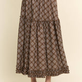 brown plaid midi skirt, brown check skirt, ruffle midi skirt, tiered midi skirt, plus size midi skirt, size inclusive skirt, fall midi skirt, western skirt, prairie skirt, boho midi skirt, elastic waist skirt, vintage inspired skirt, brown fall skirt