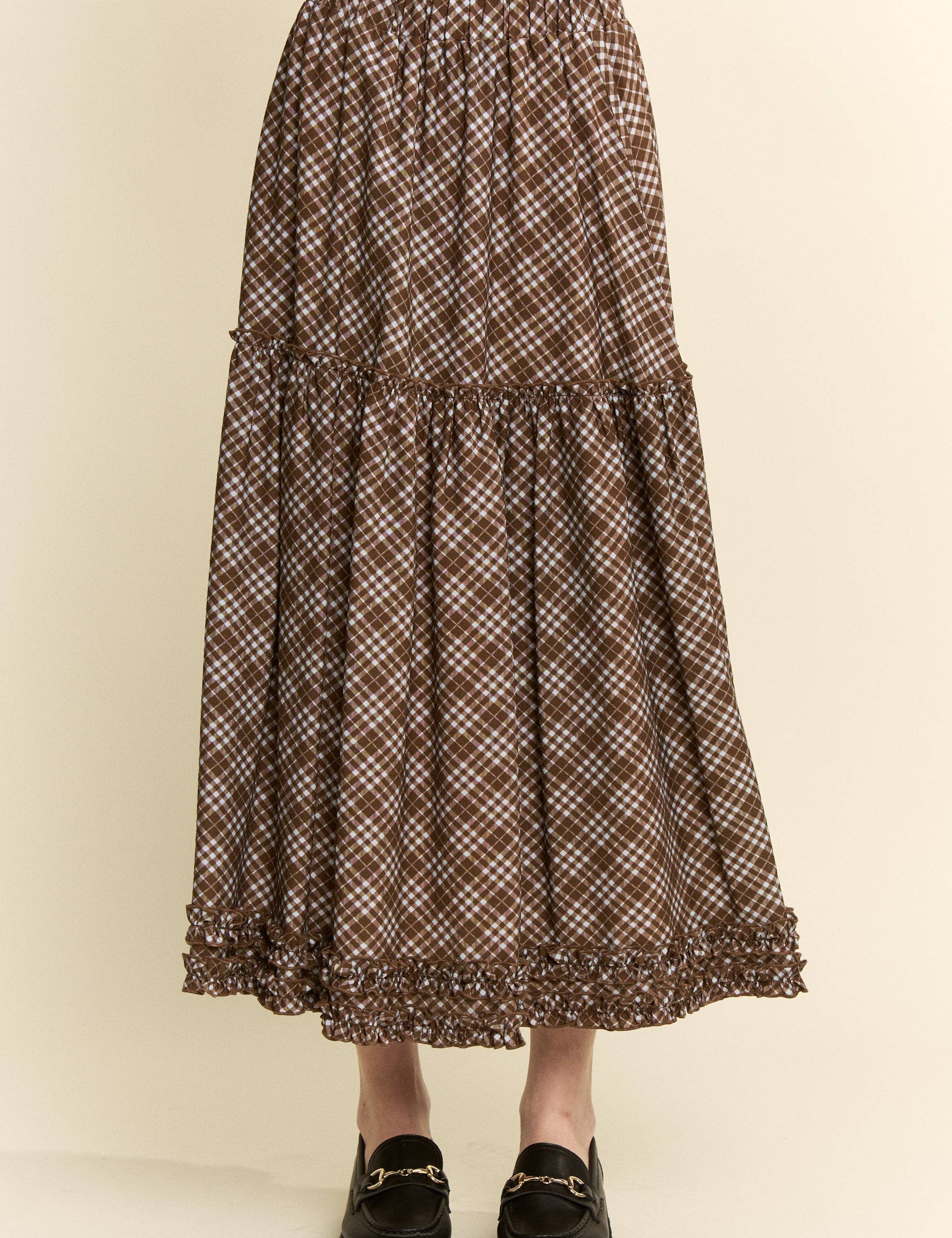 brown plaid midi skirt, brown check skirt, ruffle midi skirt, tiered midi skirt, plus size midi skirt, size inclusive skirt, fall midi skirt, western skirt, prairie skirt, boho midi skirt, elastic waist skirt, vintage inspired skirt, brown fall skirt