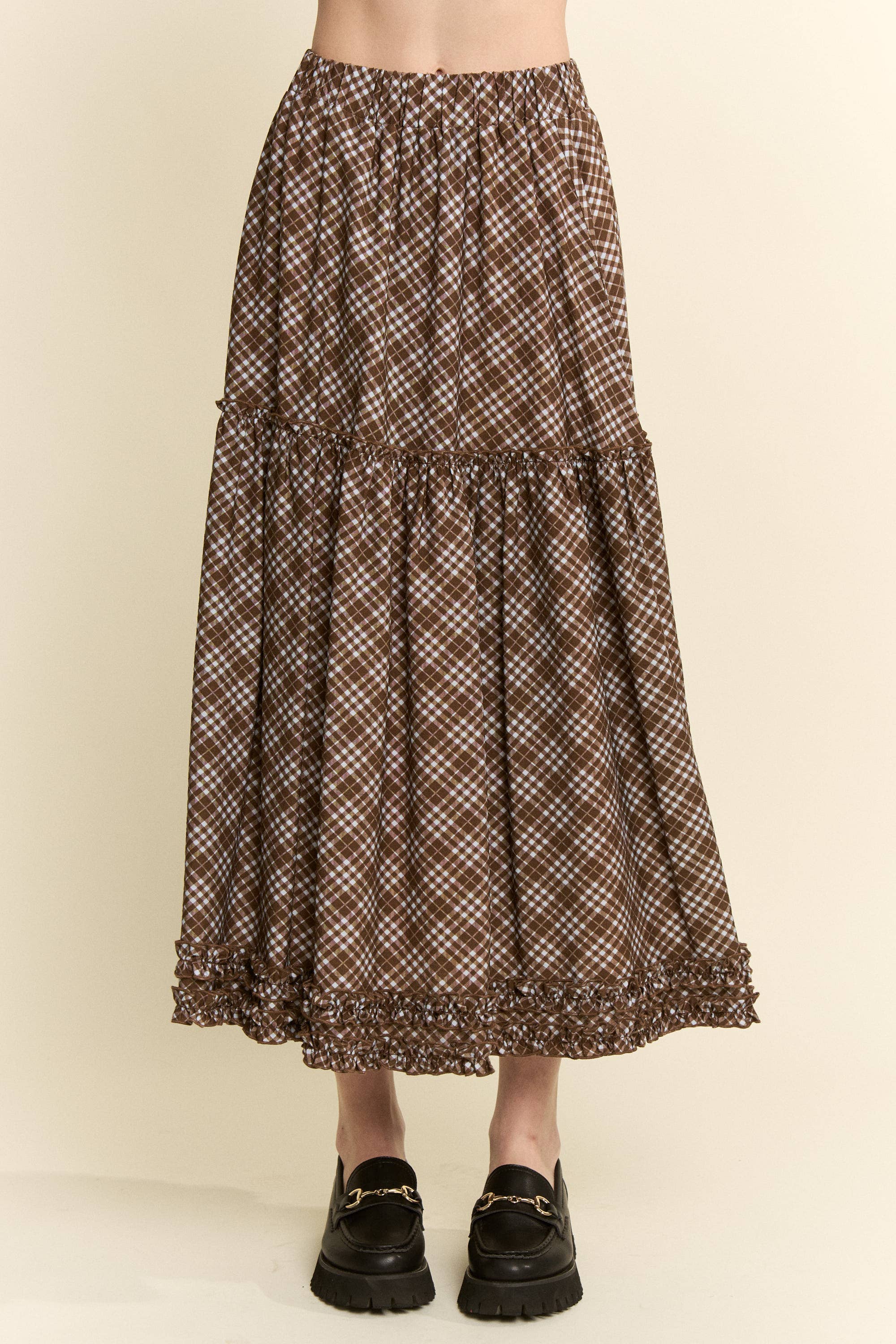 brown plaid midi skirt, brown check skirt, ruffle midi skirt, tiered midi skirt, plus size midi skirt, size inclusive skirt, fall midi skirt, western skirt, prairie skirt, boho midi skirt, elastic waist skirt, vintage inspired skirt, brown fall skirt