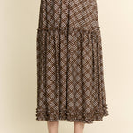 brown plaid midi skirt, brown check skirt, ruffle midi skirt, tiered midi skirt, plus size midi skirt, size inclusive skirt, fall midi skirt, western skirt, prairie skirt, boho midi skirt, elastic waist skirt, vintage inspired skirt, brown fall skirt