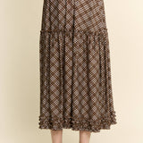 brown plaid midi skirt, brown check skirt, ruffle midi skirt, tiered midi skirt, plus size midi skirt, size inclusive skirt, fall midi skirt, western skirt, prairie skirt, boho midi skirt, elastic waist skirt, vintage inspired skirt, brown fall skirt
