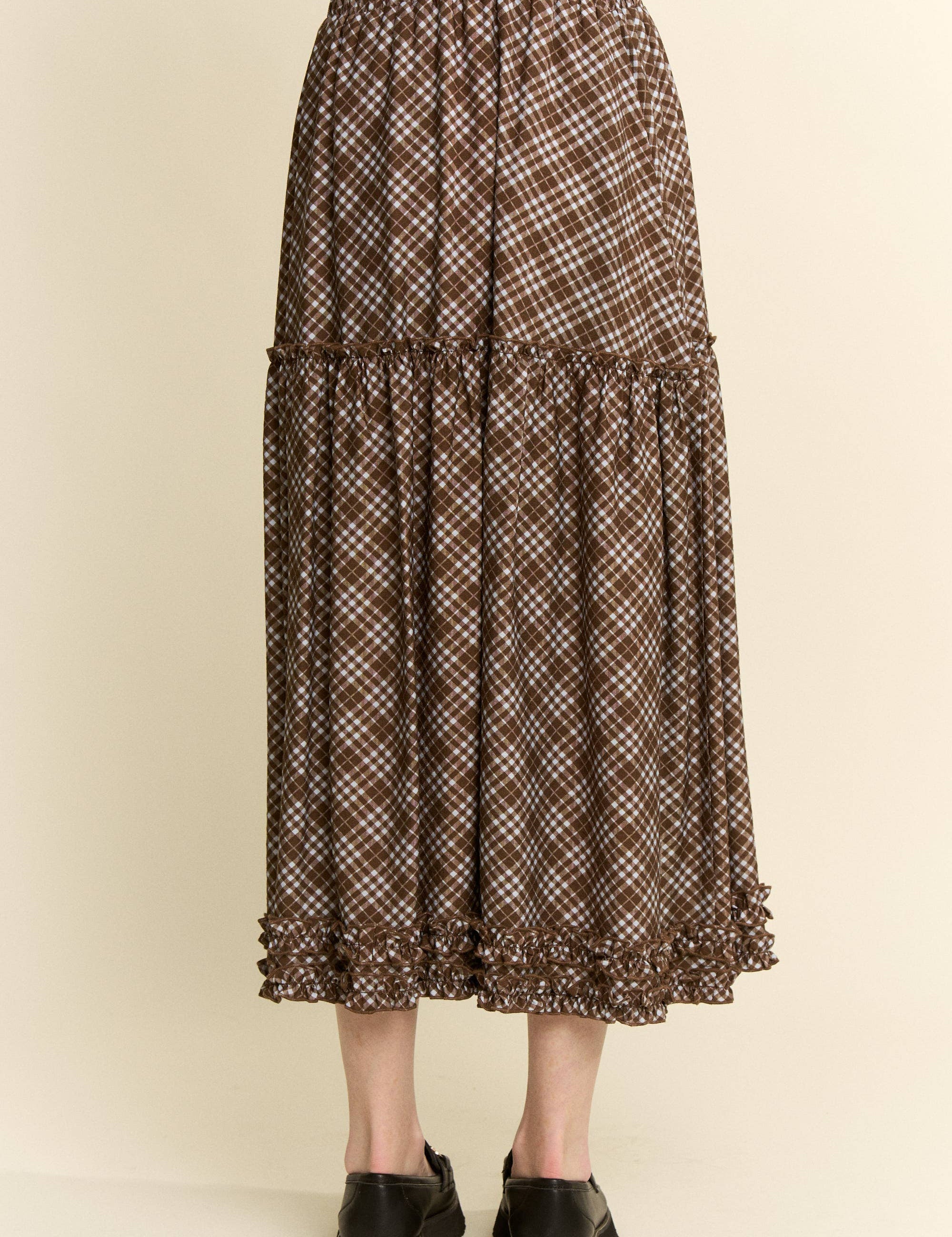 brown plaid midi skirt, brown check skirt, ruffle midi skirt, tiered midi skirt, plus size midi skirt, size inclusive skirt, fall midi skirt, western skirt, prairie skirt, boho midi skirt, elastic waist skirt, vintage inspired skirt, brown fall skirt