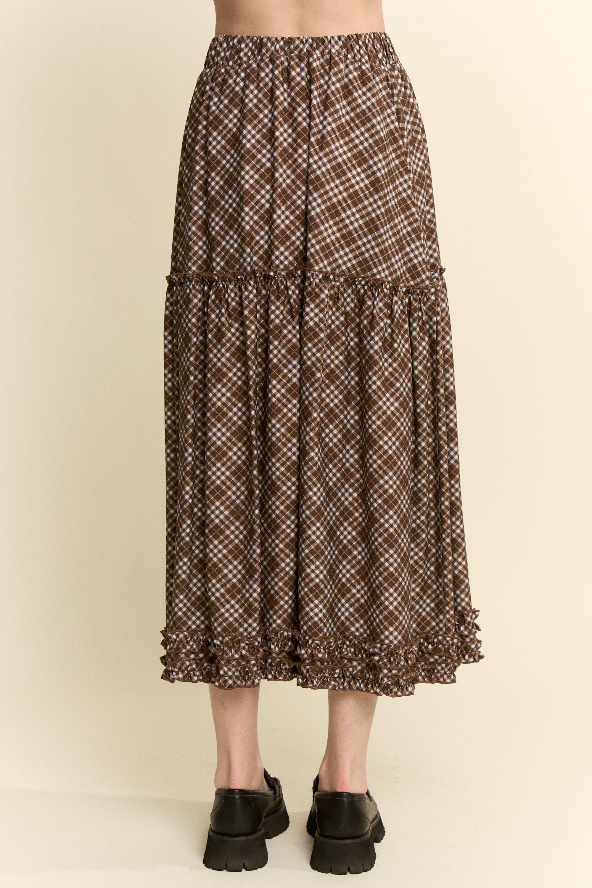 brown plaid midi skirt, brown check skirt, ruffle midi skirt, tiered midi skirt, plus size midi skirt, size inclusive skirt, fall midi skirt, western skirt, prairie skirt, boho midi skirt, elastic waist skirt, vintage inspired skirt, brown fall skirt