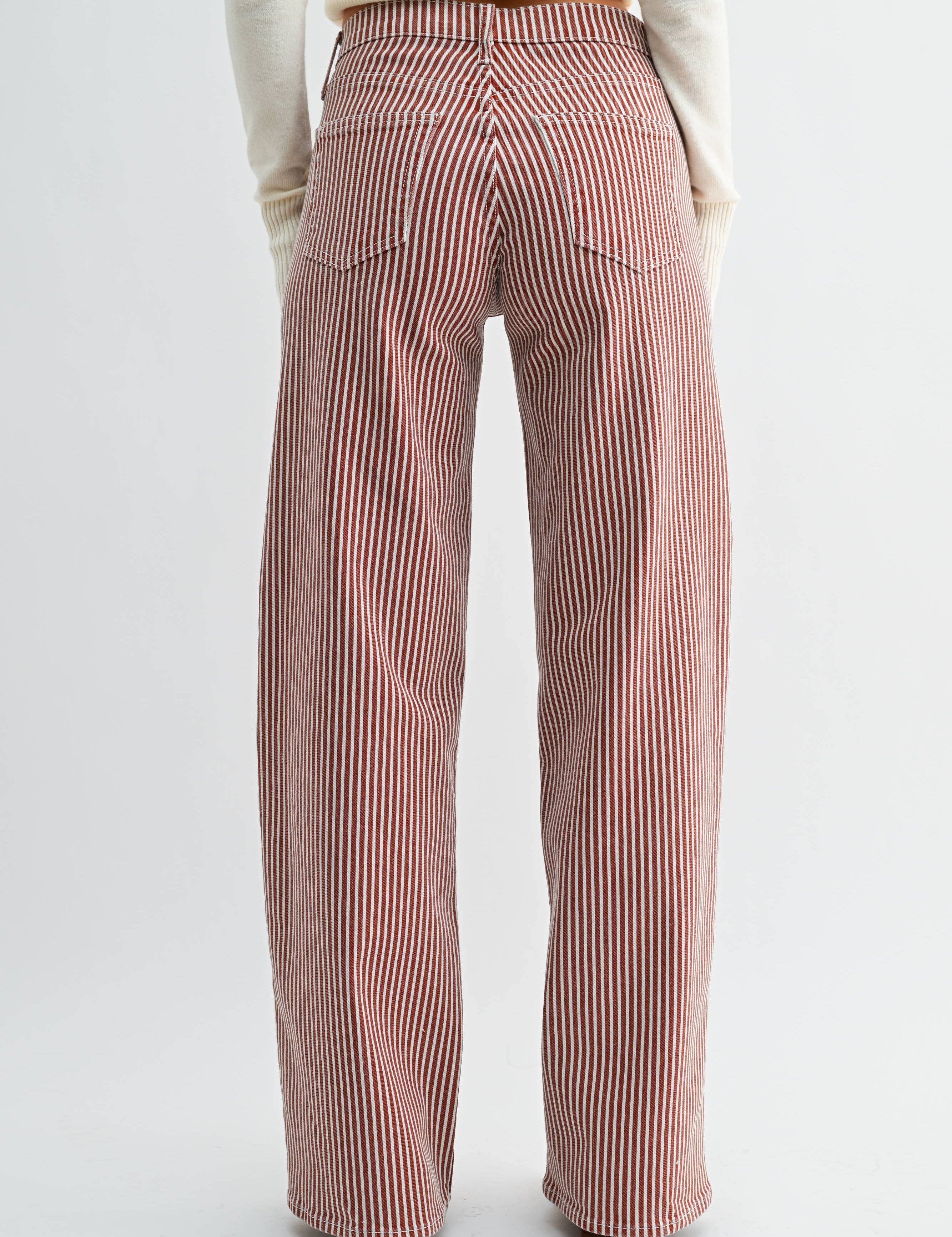 striped wide leg jeans, brown striped jeans, women’s striped denim, high rise wide leg jeans, railroad stripe jeans, vintage inspired jeans, brown denim pants, women’s wide leg pants, fall denim, boutique jeans, western casual denim, full length wide leg jeans