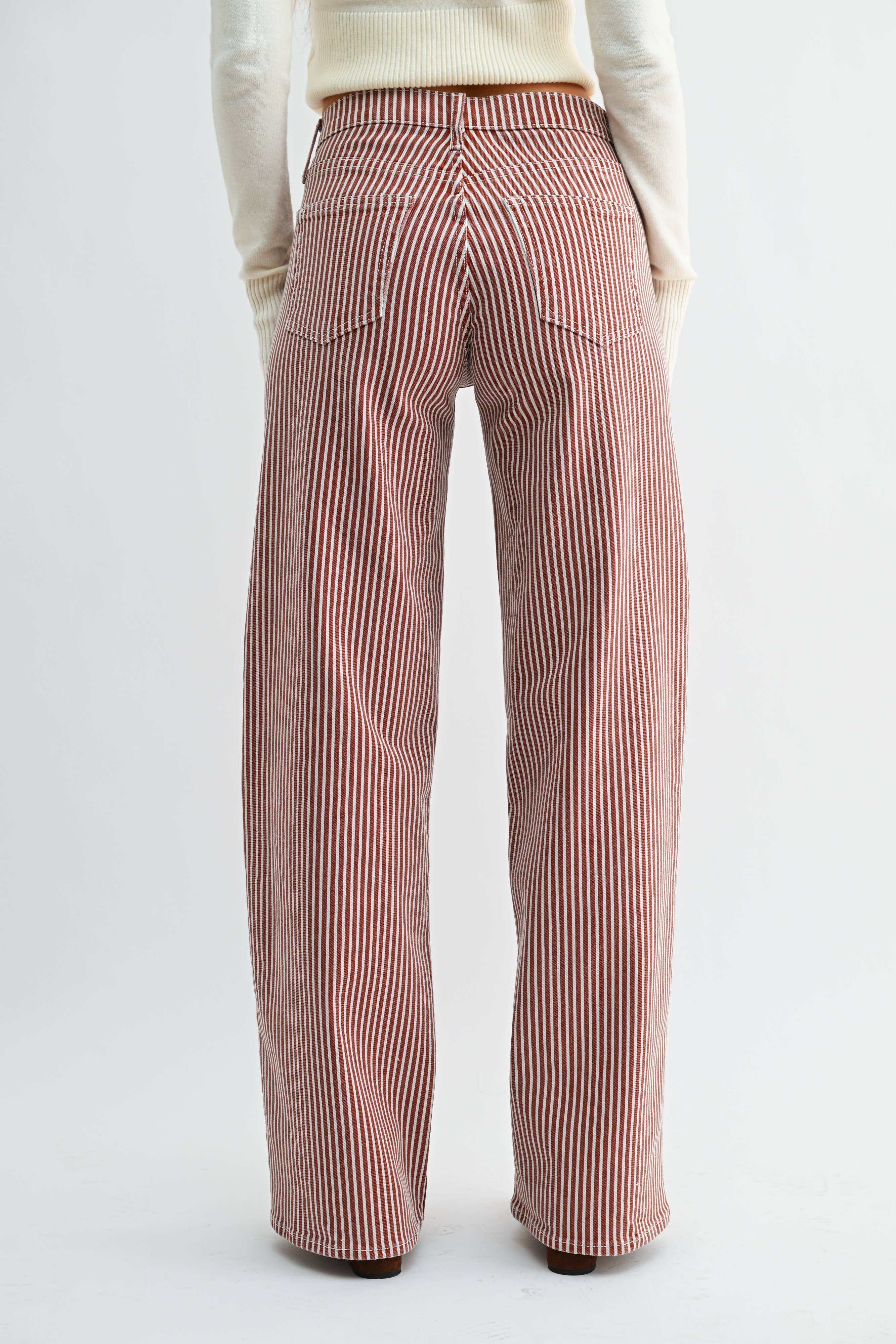 striped wide leg jeans, brown striped jeans, women’s striped denim, high rise wide leg jeans, railroad stripe jeans, vintage inspired jeans, brown denim pants, women’s wide leg pants, fall denim, boutique jeans, western casual denim, full length wide leg jeans