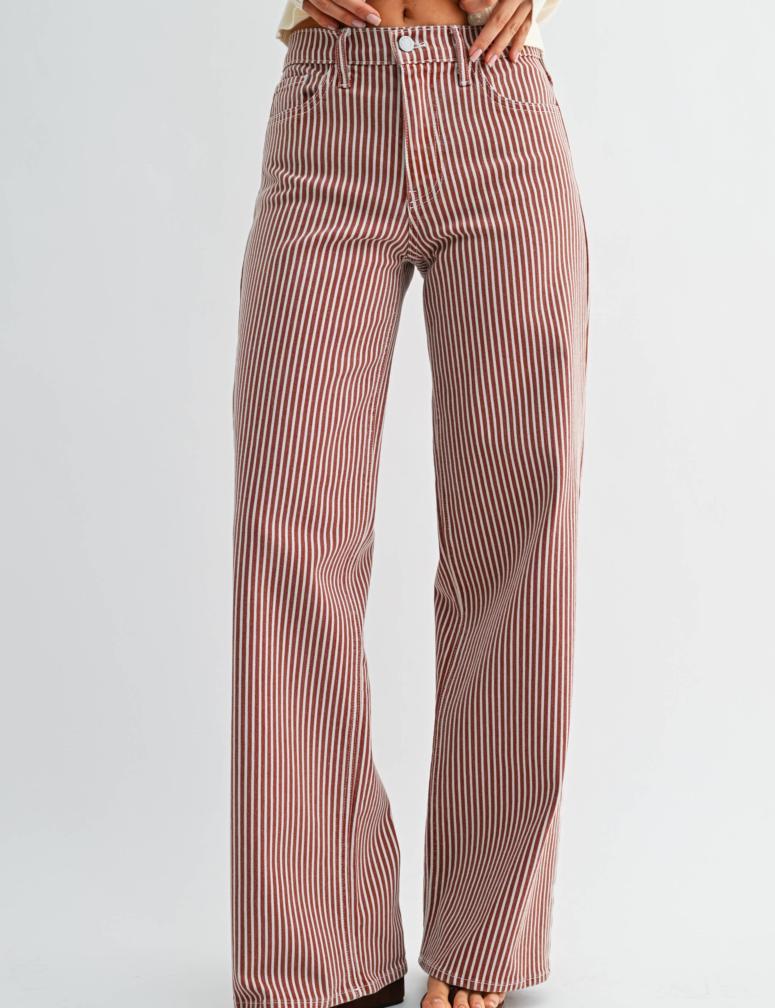 striped wide leg jeans, brown striped jeans, women’s striped denim, high rise wide leg jeans, railroad stripe jeans, vintage inspired jeans, brown denim pants, women’s wide leg pants, fall denim, boutique jeans, western casual denim, full length wide leg jeans