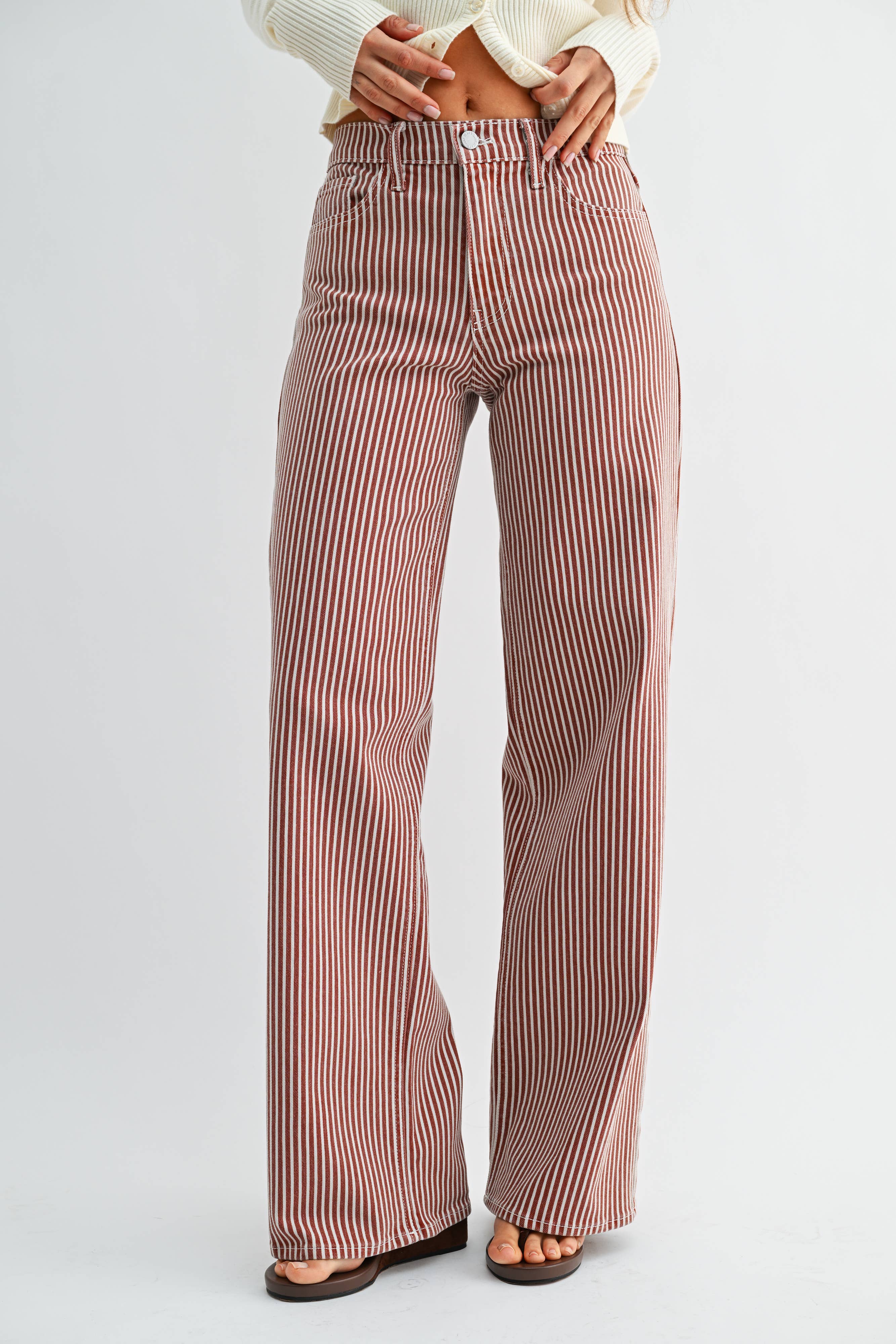 striped wide leg jeans, brown striped jeans, women’s striped denim, high rise wide leg jeans, railroad stripe jeans, vintage inspired jeans, brown denim pants, women’s wide leg pants, fall denim, boutique jeans, western casual denim, full length wide leg jeans