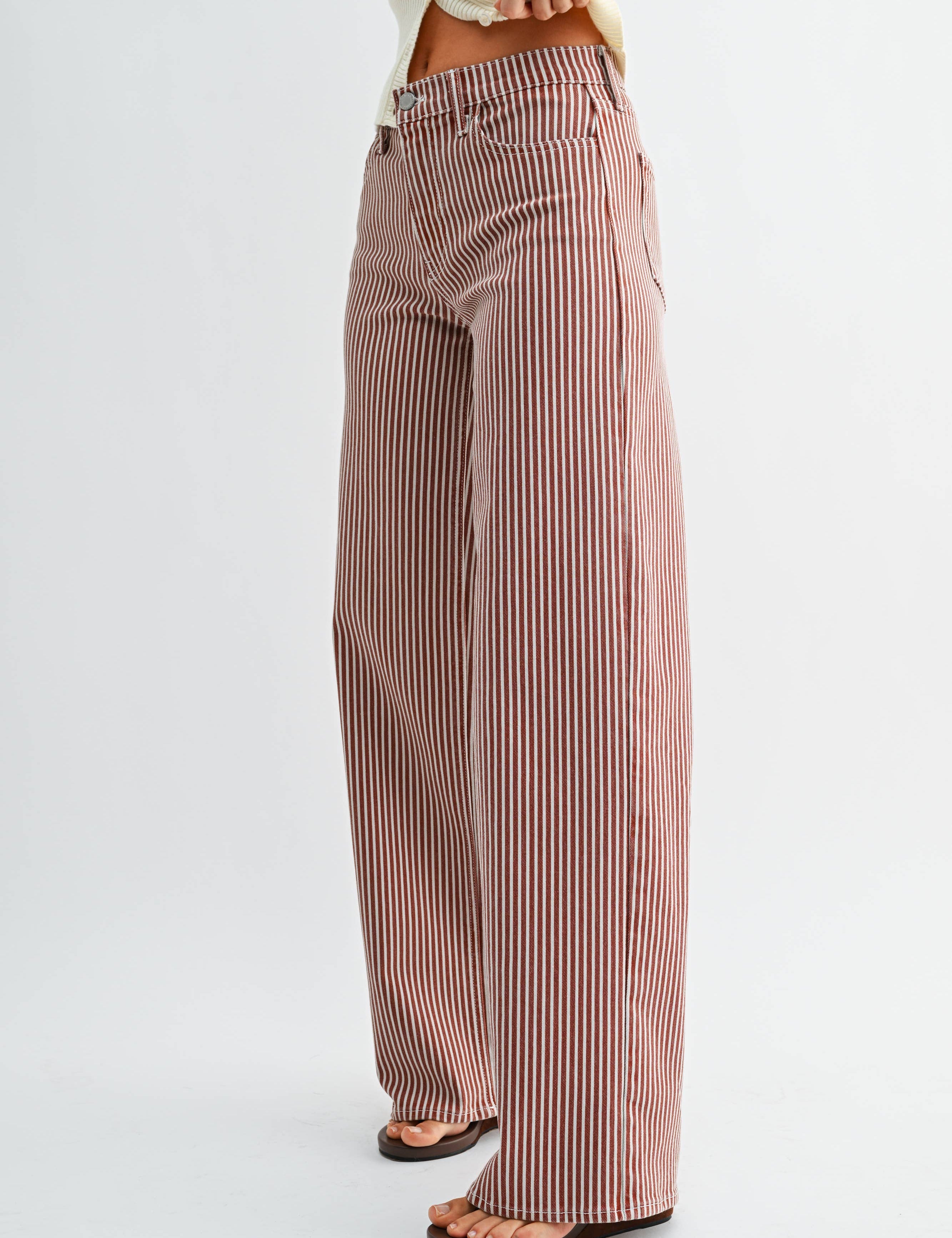striped wide leg jeans, brown striped jeans, women’s striped denim, high rise wide leg jeans, railroad stripe jeans, vintage inspired jeans, brown denim pants, women’s wide leg pants, fall denim, boutique jeans, western casual denim, full length wide leg jeans