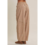 gingham barrel pants, brown gingham pants, cotton barrel pants, plaid barrel pants, drawstring pants, elastic waist pants, relaxed cotton pants, brown check pants, casual fall pants, women’s barrel pants, western casual pants, gingham trousers