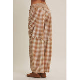 gingham barrel pants, brown gingham pants, cotton barrel pants, plaid barrel pants, drawstring pants, elastic waist pants, relaxed cotton pants, brown check pants, casual fall pants, women’s barrel pants, western casual pants, gingham trousers
