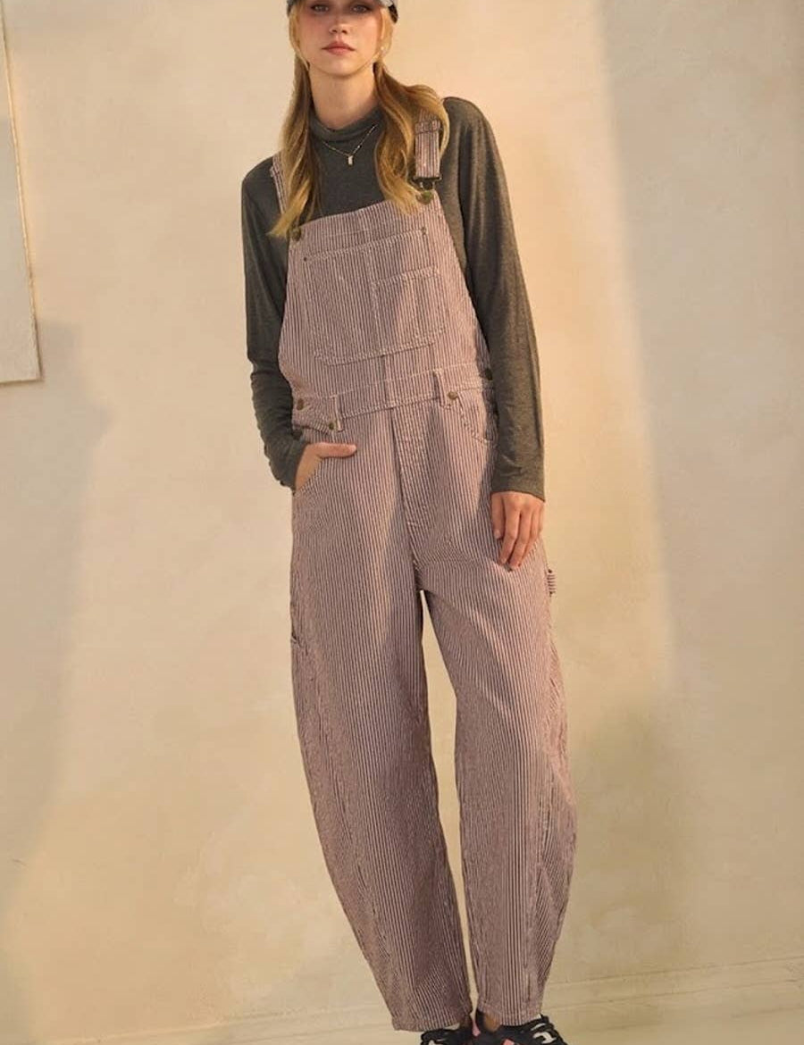 pinstripe overalls, striped overalls, brown overalls, barrel leg overalls, women's overalls, workwear overalls, oversized overalls, relaxed overalls, utility overalls, fall overalls, plus size overalls, women's barrel overalls