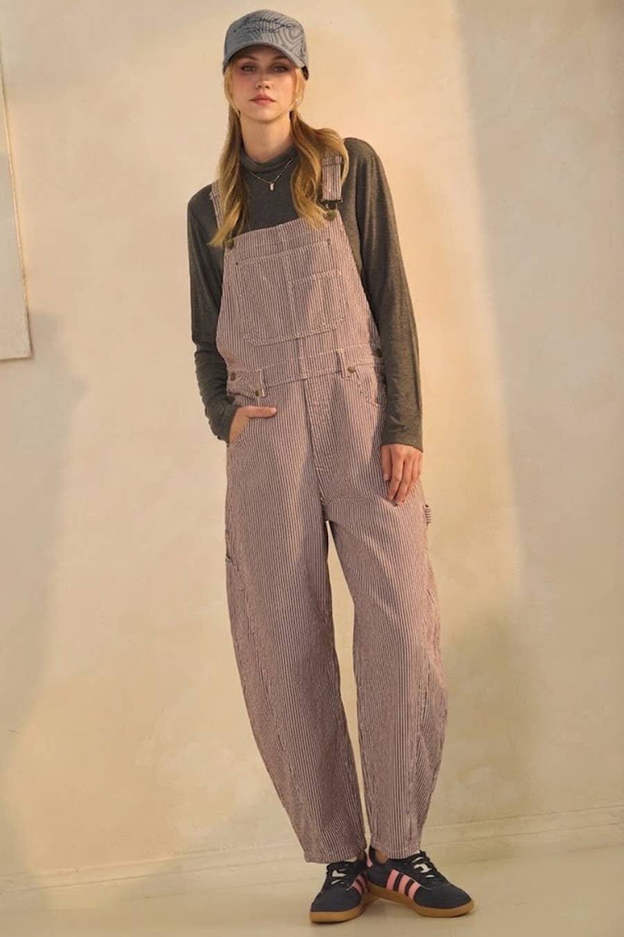 pinstripe overalls, striped overalls, brown overalls, barrel leg overalls, women's overalls, workwear overalls, oversized overalls, relaxed overalls, utility overalls, fall overalls, plus size overalls, women's barrel overalls