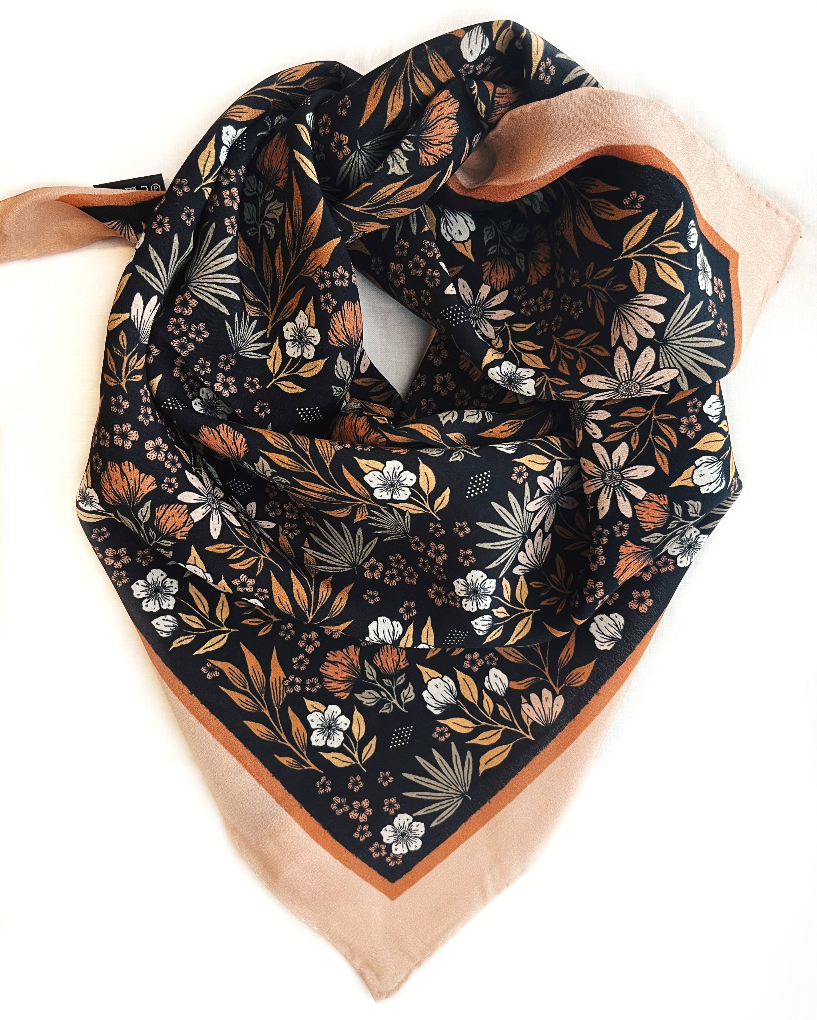 silk bandana, silk headscarf, silk scarf, silk hair scarf, hair scarf, western hair scarf, hair accessory, boho aesthetic, western aesthetic, outfit of the day, johnson city boutique, outfit idea, accessories, womens clothing, cool girl aesthetic, clean girl aesthetic, black floral