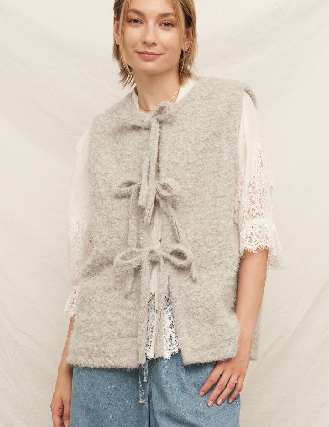 thick warm gray sweater vest with front ties