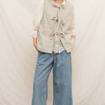 full length thick warm cozy gray sweater vest with front ribbon ties