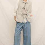 full length thick warm cozy gray sweater vest with front ribbon ties