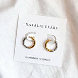 mixed metal huggie earrings, silver and gold jewelry