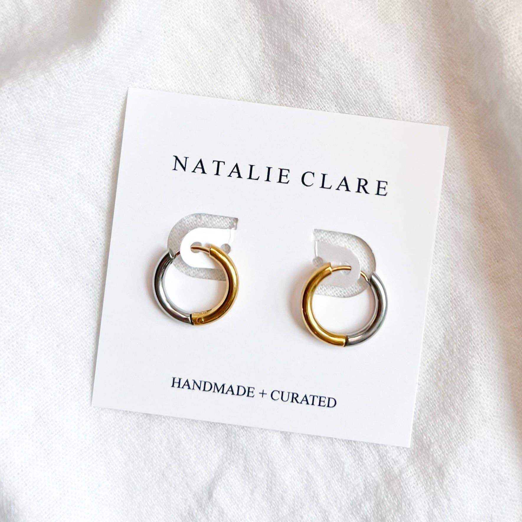 mixed metal huggie earrings, silver and gold jewelry