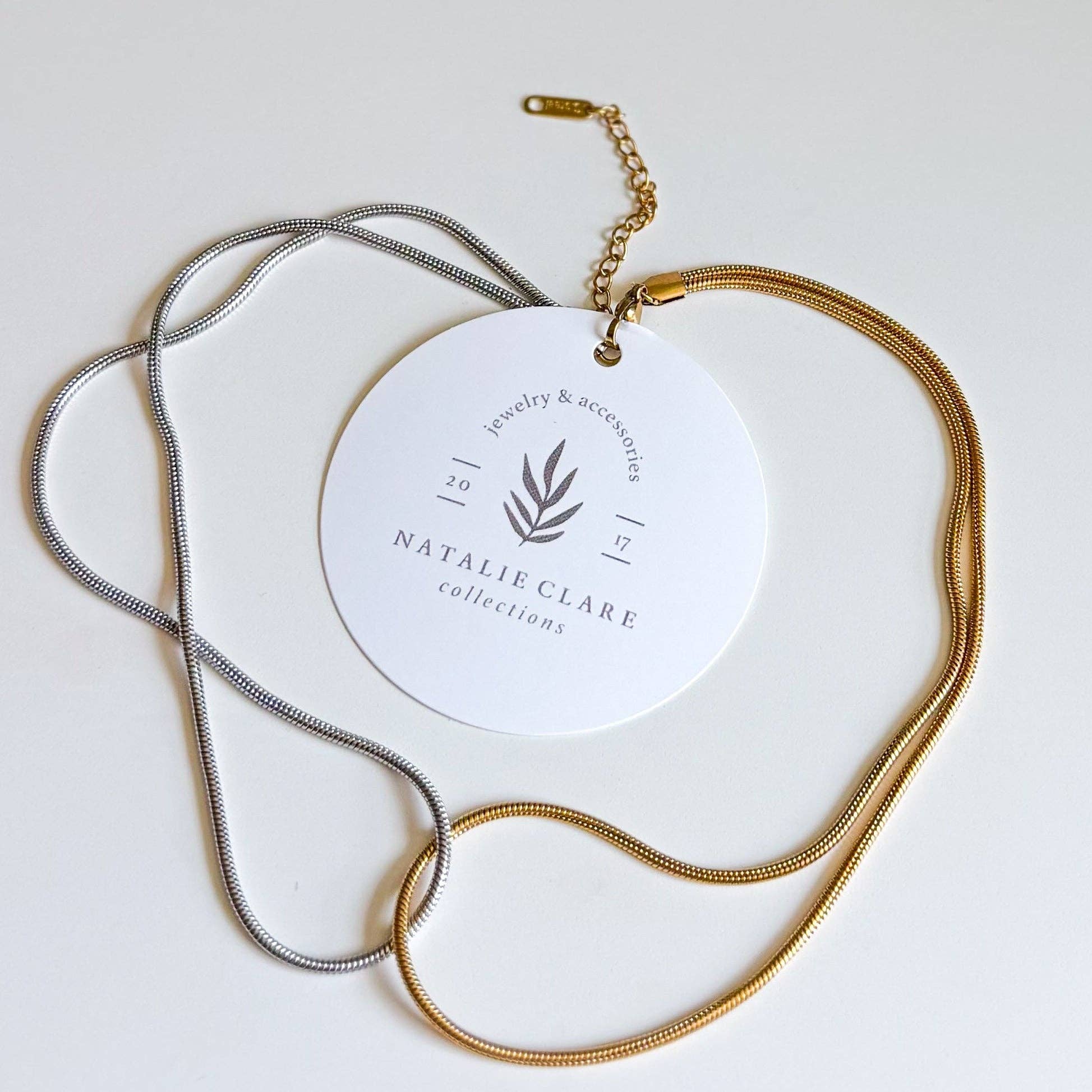 mixed metal necklace, snake chain necklace, interlocking necklace, stainless steel, everyday necklace