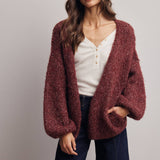 mulberry cardigan, burgundy knit cardigan, women's fall cardigan, open front cardigan, oversized knit cardigan, balloon sleeve cardigan, soft knit cardigan, burgundy sweater, women's fall sweater, cozy cardigan