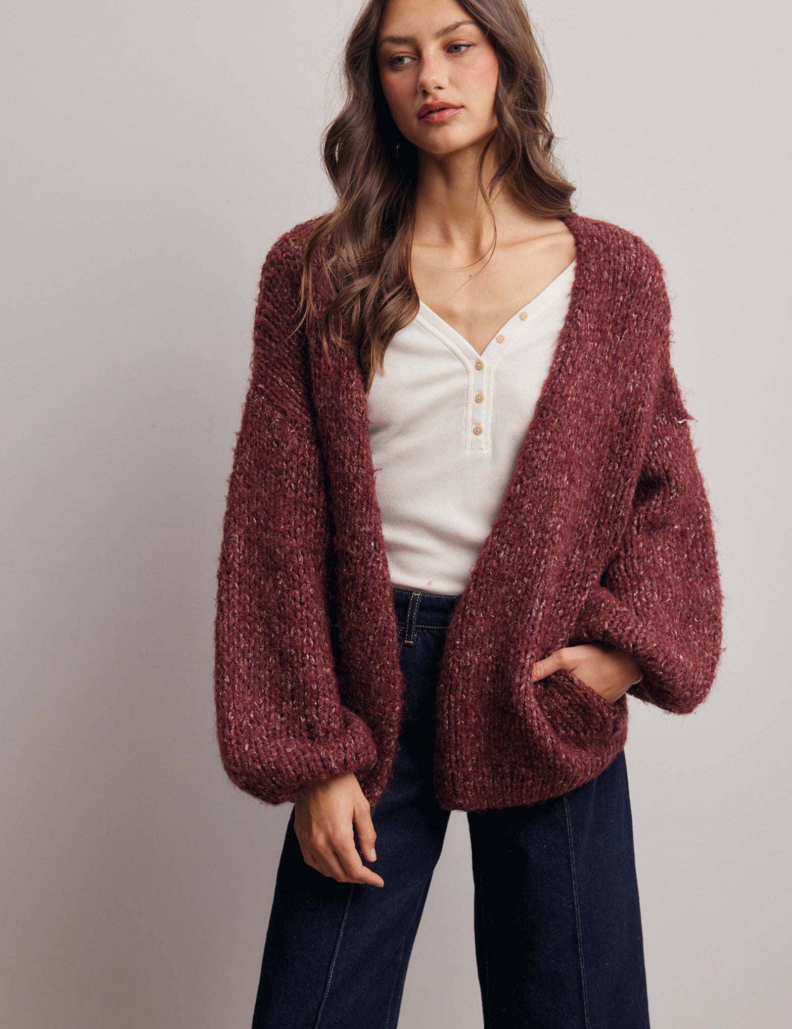 mulberry cardigan, burgundy knit cardigan, women's fall cardigan, open front cardigan, oversized knit cardigan, balloon sleeve cardigan, soft knit cardigan, burgundy sweater, women's fall sweater, cozy cardigan