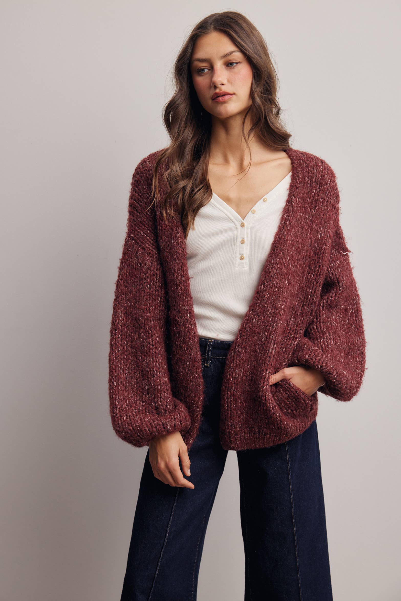 mulberry cardigan, burgundy knit cardigan, women's fall cardigan, open front cardigan, oversized knit cardigan, balloon sleeve cardigan, soft knit cardigan, burgundy sweater, women's fall sweater, cozy cardigan