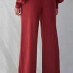 red knit pants, burgundy wide leg pants, women’s knit pants, matching knit set, red matching set women, wide leg lounge pants, fall pants women, holiday travel outfit, comfortable wide leg pants, boutique women’s pants