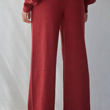 red knit pants, burgundy wide leg pants, women’s knit pants, matching knit set, red matching set women, wide leg lounge pants, fall pants women, holiday travel outfit, comfortable wide leg pants, boutique women’s pants