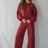 red knit pants, burgundy wide leg pants, women’s knit pants, matching knit set, red matching set women, wide leg lounge pants, fall pants women, holiday travel outfit, comfortable wide leg pants, boutique women’s pants