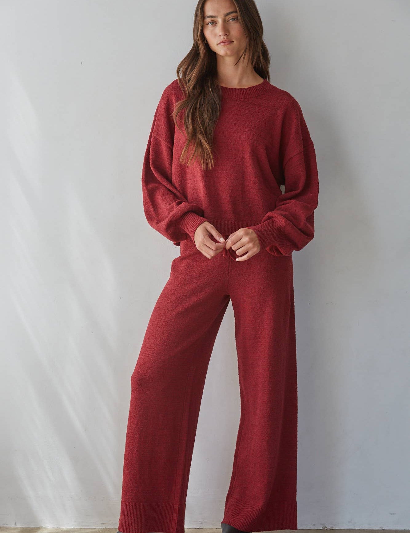 red knit pants, burgundy wide leg pants, women’s knit pants, matching knit set, red matching set women, wide leg lounge pants, fall pants women, holiday travel outfit, comfortable wide leg pants, boutique women’s pants