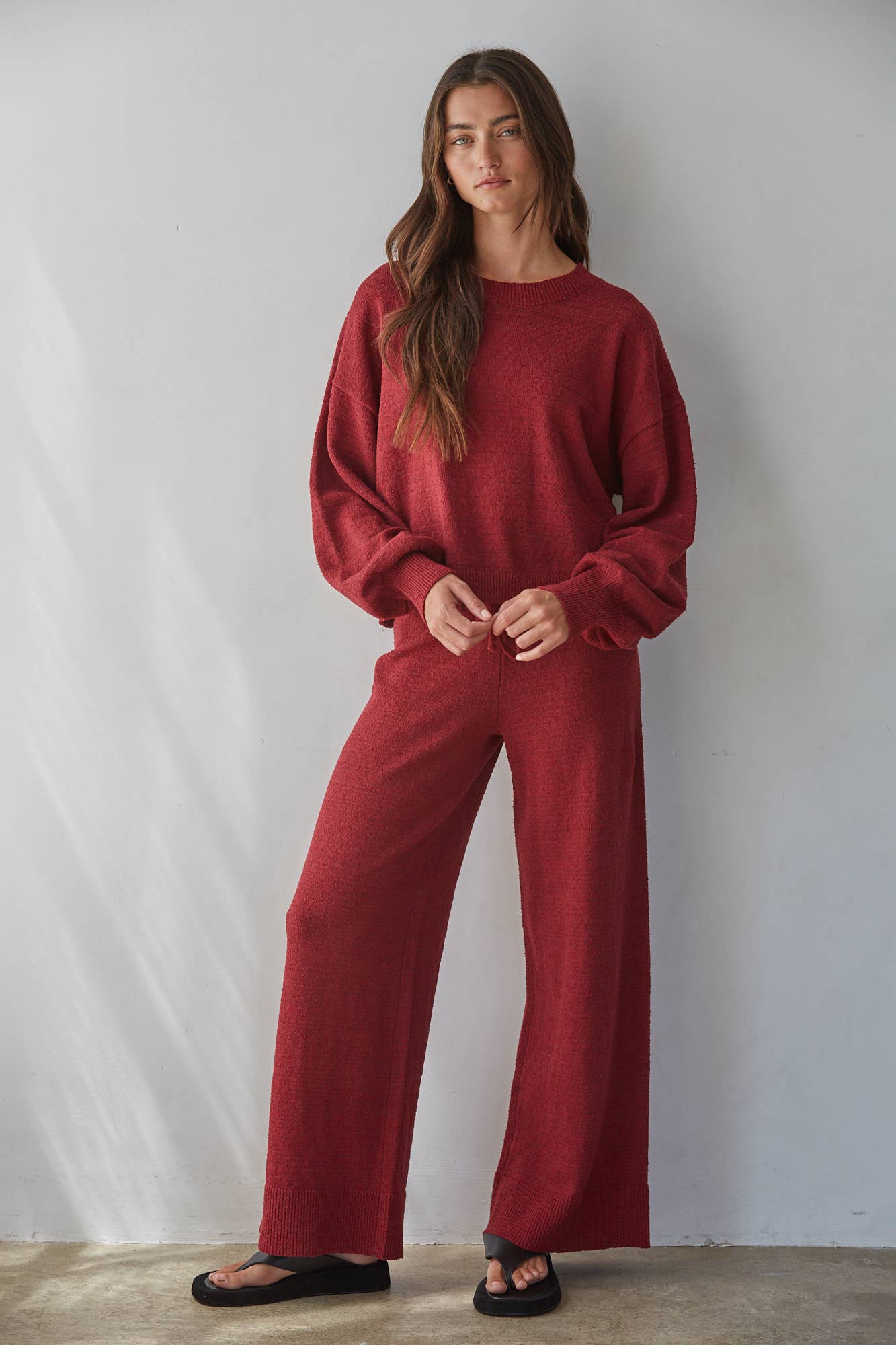 red knit pants, burgundy wide leg pants, women’s knit pants, matching knit set, red matching set women, wide leg lounge pants, fall pants women, holiday travel outfit, comfortable wide leg pants, boutique women’s pants