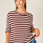 women's cranberry and cream striped crochet knit top with short sleeves, crew neckline, and relaxed fit