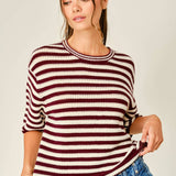 women's cranberry and cream striped crochet knit top with short sleeves, crew neckline, and relaxed fit
