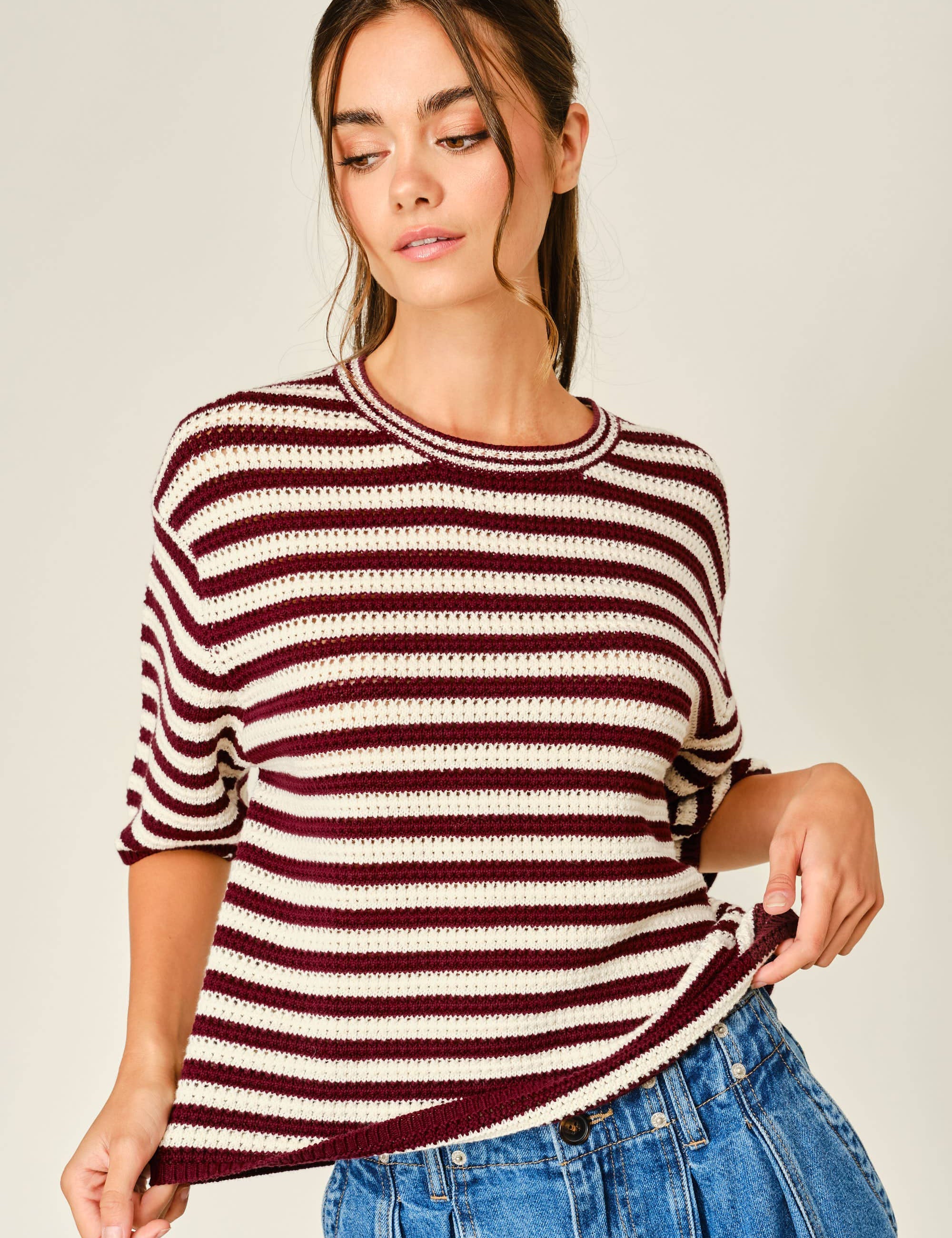 women's cranberry and cream striped crochet knit top with short sleeves, crew neckline, and relaxed fit