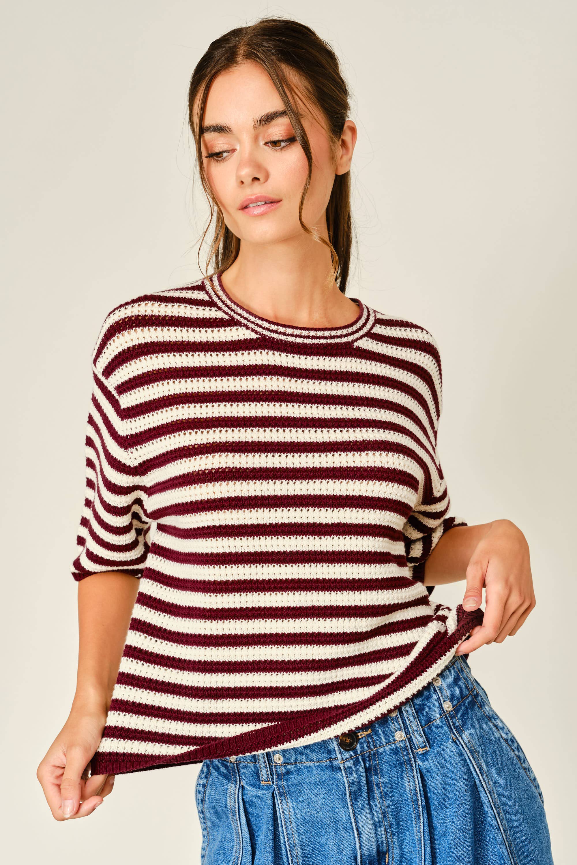 women's cranberry and cream striped crochet knit top with short sleeves, crew neckline, and relaxed fit