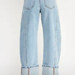 barrel jeans, light wash barrel jeans, cuffed jeans, seamed jeans, curved leg jeans, high rise barrel jeans, women's barrel jeans, relaxed jeans, cuffed denim, light wash jeans, plus size barrel jeans, statement denim