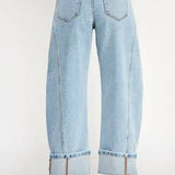 barrel jeans, light wash barrel jeans, cuffed jeans, seamed jeans, curved leg jeans, high rise barrel jeans, women's barrel jeans, relaxed jeans, cuffed denim, light wash jeans, plus size barrel jeans, statement denim