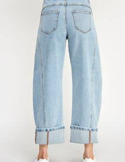 barrel jeans, light wash barrel jeans, cuffed jeans, seamed jeans, curved leg jeans, high rise barrel jeans, women's barrel jeans, relaxed jeans, cuffed denim, light wash jeans, plus size barrel jeans, statement denim