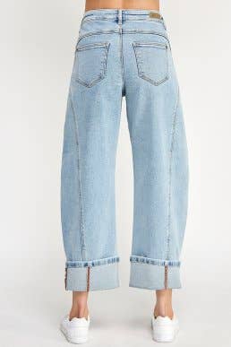 barrel jeans, light wash barrel jeans, cuffed jeans, seamed jeans, curved leg jeans, high rise barrel jeans, women's barrel jeans, relaxed jeans, cuffed denim, light wash jeans, plus size barrel jeans, statement denim