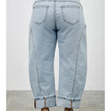 barrel jeans, light wash barrel jeans, cuffed jeans, seamed jeans, curved leg jeans, high rise barrel jeans, women's barrel jeans, relaxed jeans, cuffed denim, light wash jeans, plus size barrel jeans, statement denim