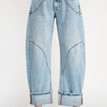 light wash high rise barrel jeans with curved statement seams and wide cuffed hems. available in sizes 1–15 and 1xl–3xl.