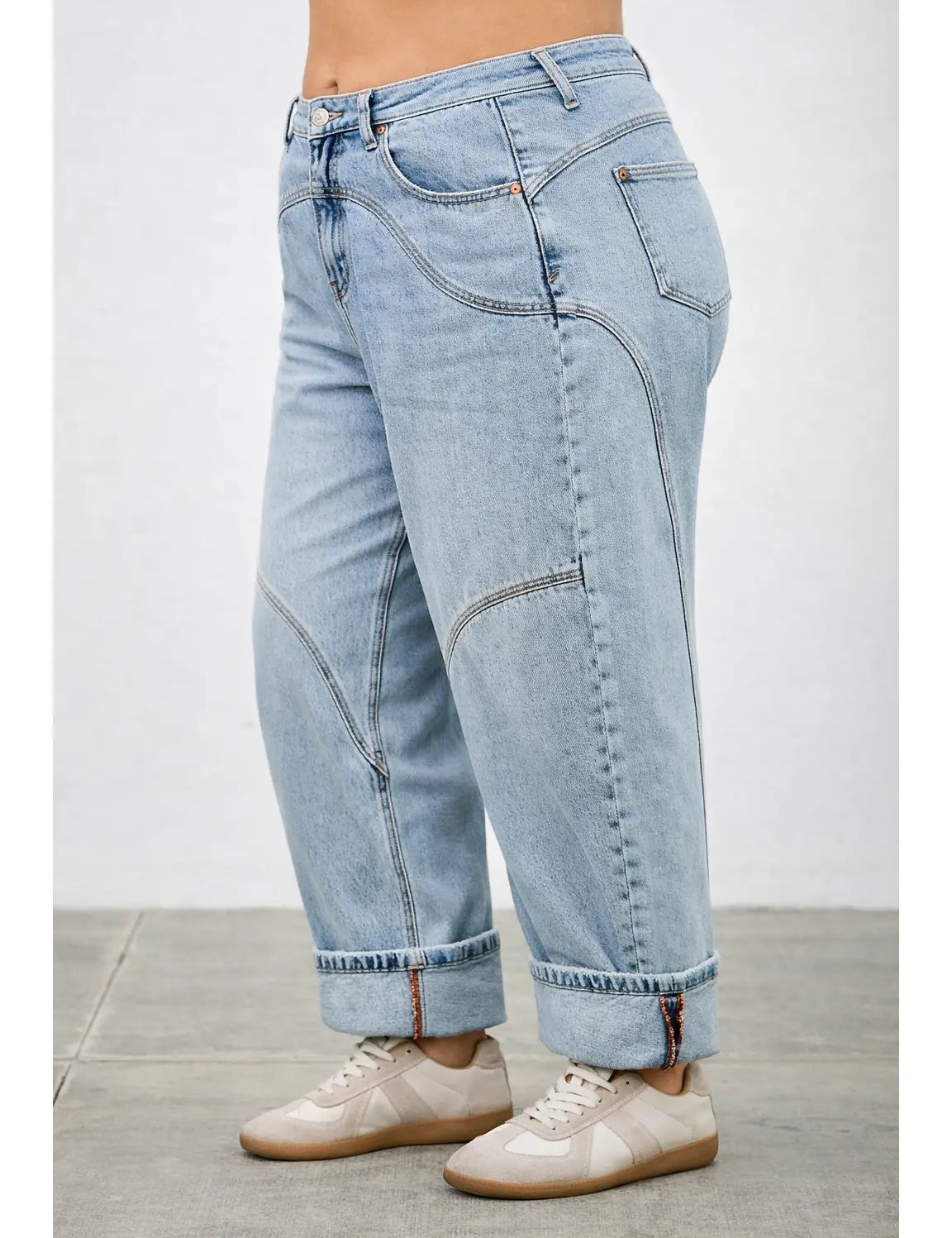 barrel jeans, light wash barrel jeans, cuffed jeans, seamed jeans, curved leg jeans, high rise barrel jeans, women's barrel jeans, relaxed jeans, cuffed denim, light wash jeans, plus size barrel jeans, statement denim
