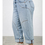 barrel jeans, light wash barrel jeans, cuffed jeans, seamed jeans, curved leg jeans, high rise barrel jeans, women's barrel jeans, relaxed jeans, cuffed denim, light wash jeans, plus size barrel jeans, statement denim